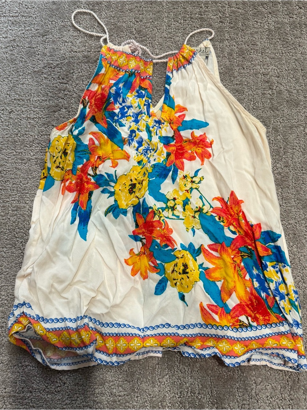 Flying Tomato Cream Floral Halter Tank with Yellow, Blue & Orange Flowers